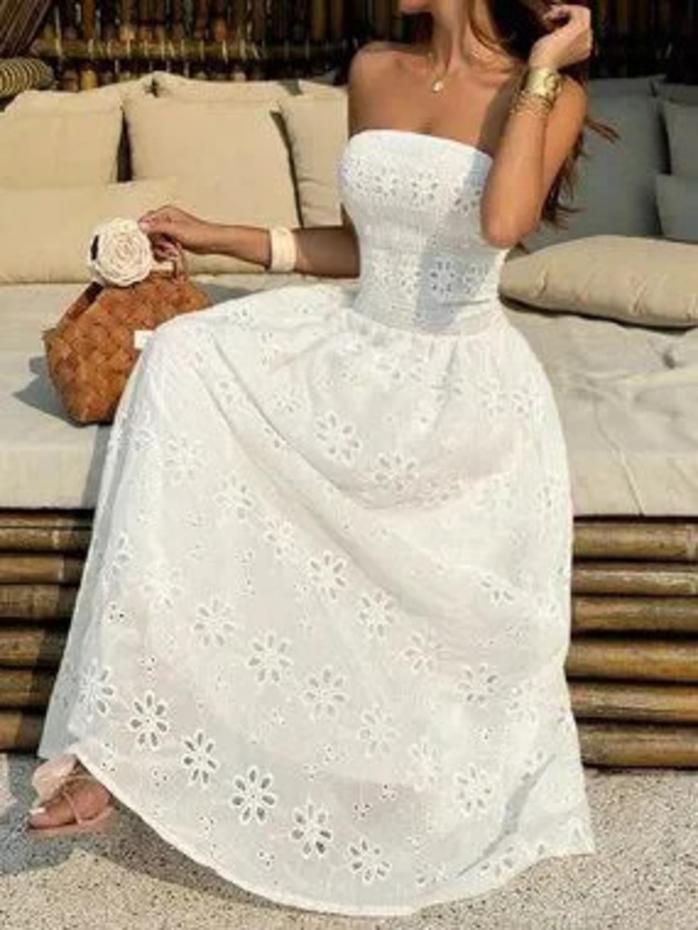 White Boho Women's Floral Embroidered Maxi Dress with Cinched Waist